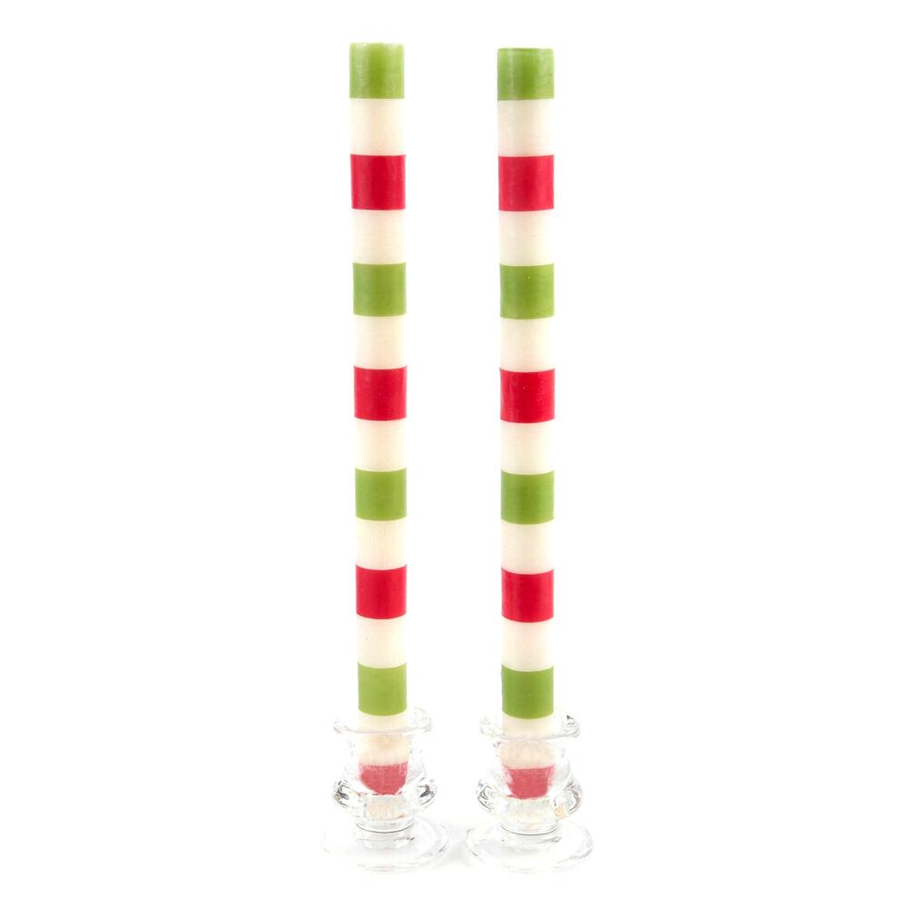 NEW Mackenzie Childs Multi Bands Red & Green Dinner Candles, Set of 2